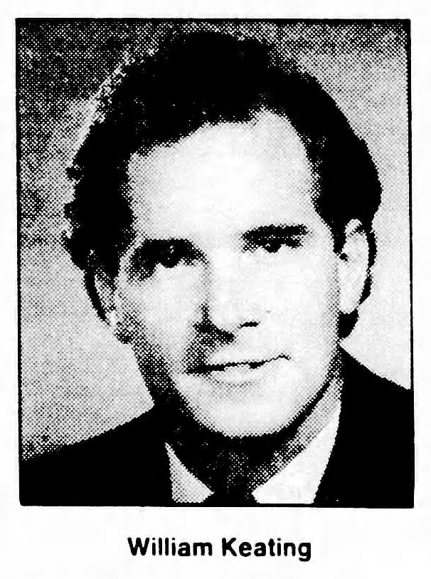 Black and white portrait of a man with dark hair, wearing a suit and tie, accompanied by the name 'William Keating' below the image.