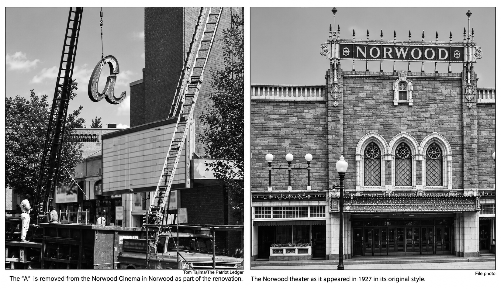 Hidden Spanish Romanesque Facade Revealed as Norwood Theatre Sheds Its “Tired-Looking” Exterior-September 19, 1994