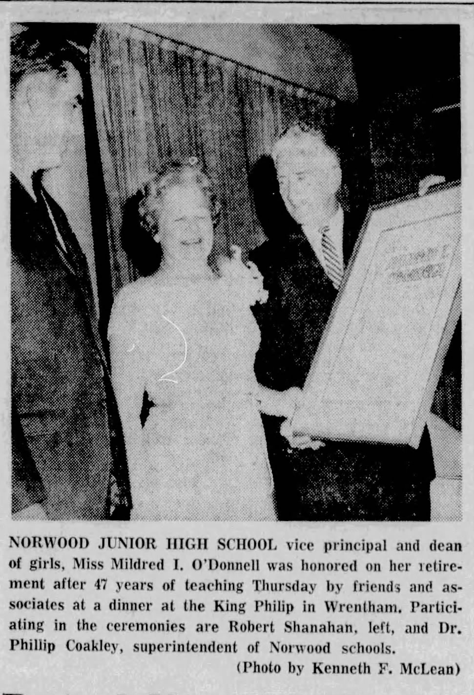 Retired Norwood Junior High Vice-Principal Mildred I. O’Donnell Honored at Testimonial Dinner-October 30, 1965