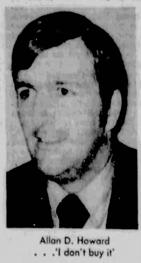 Headshot of a man with dark hair and a beard, wearing a suit and tie, accompanied by text reading 'Allan D. Howard . . . 'I don't buy it''