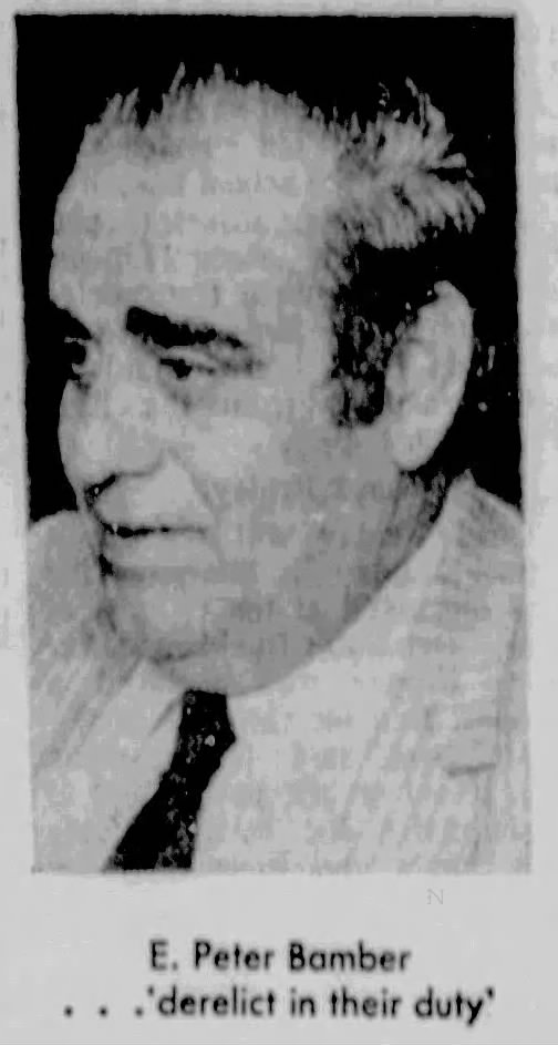 Close-up image of a man named E. Peter Bamber, with the quote 'derelict in their duty' visible below the image.