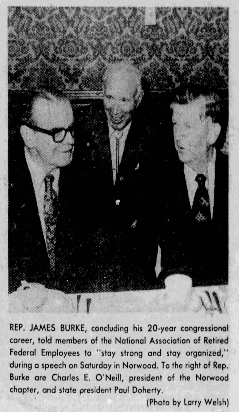 Retiring Congressman James Burke Bids Farewell to Federal Retirees at Norwood VFW Hall-October 31, 1978